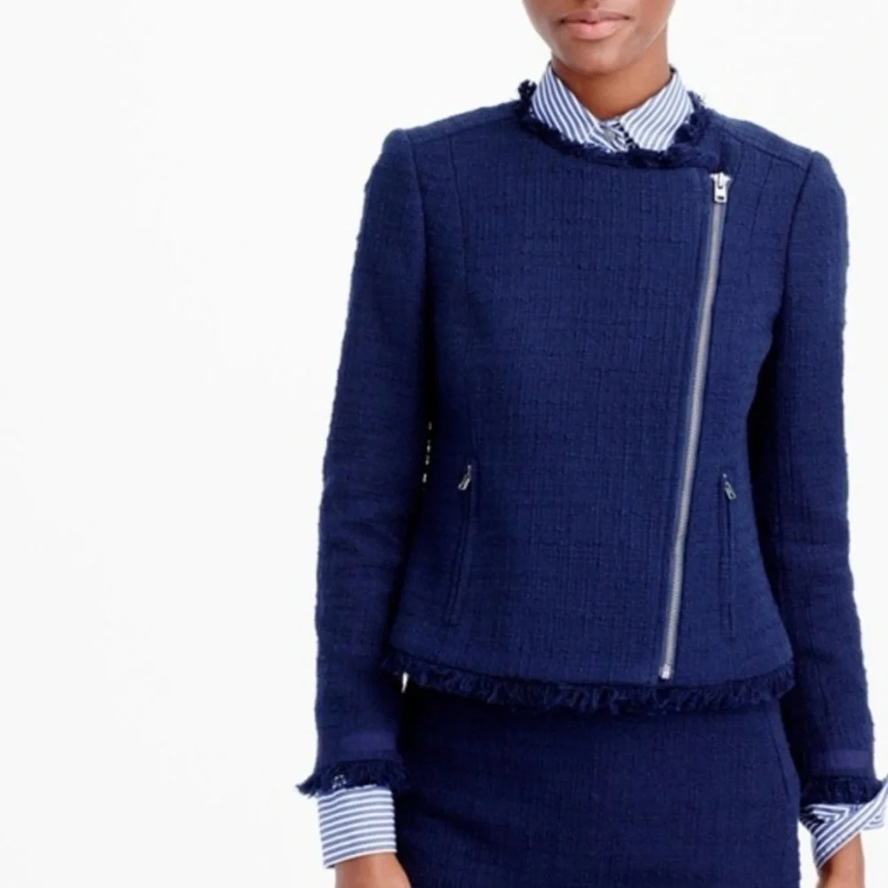J. Crew Women’s Tweed Motorcycle Jacket with Fringe Navy‎ Blue Size 0
